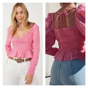 NWT‎ Free People Chloe Puff Sleeve Ruffle Hem Blouse M Pink